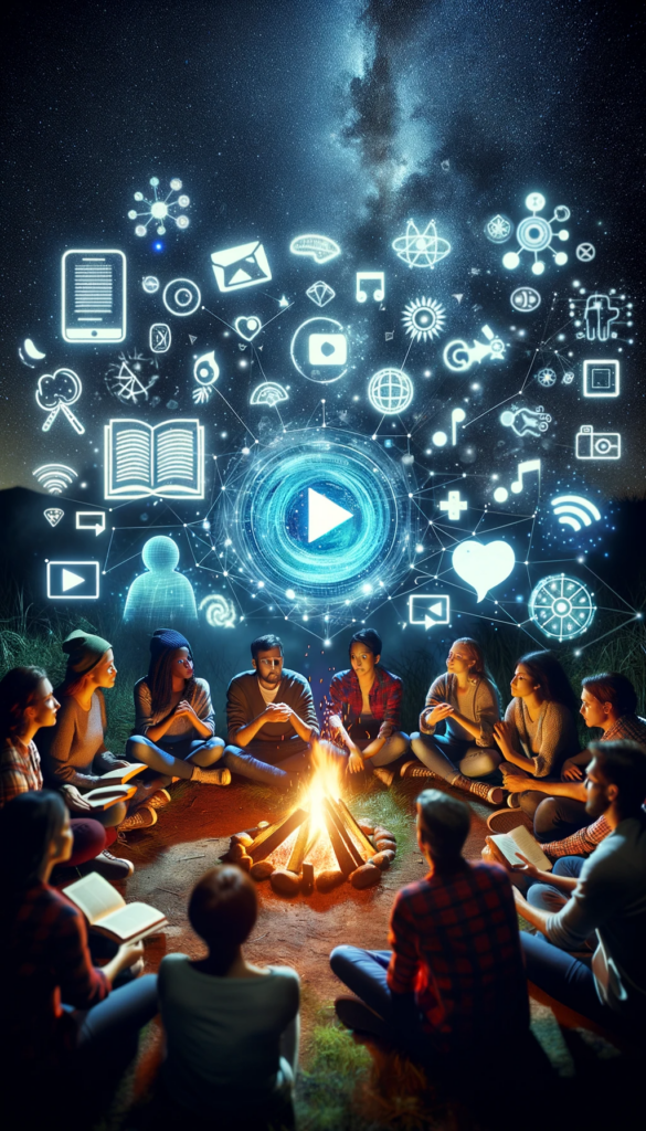 Diverse group around a campfire with holographic storytelling symbols floating around them under a starry sky.