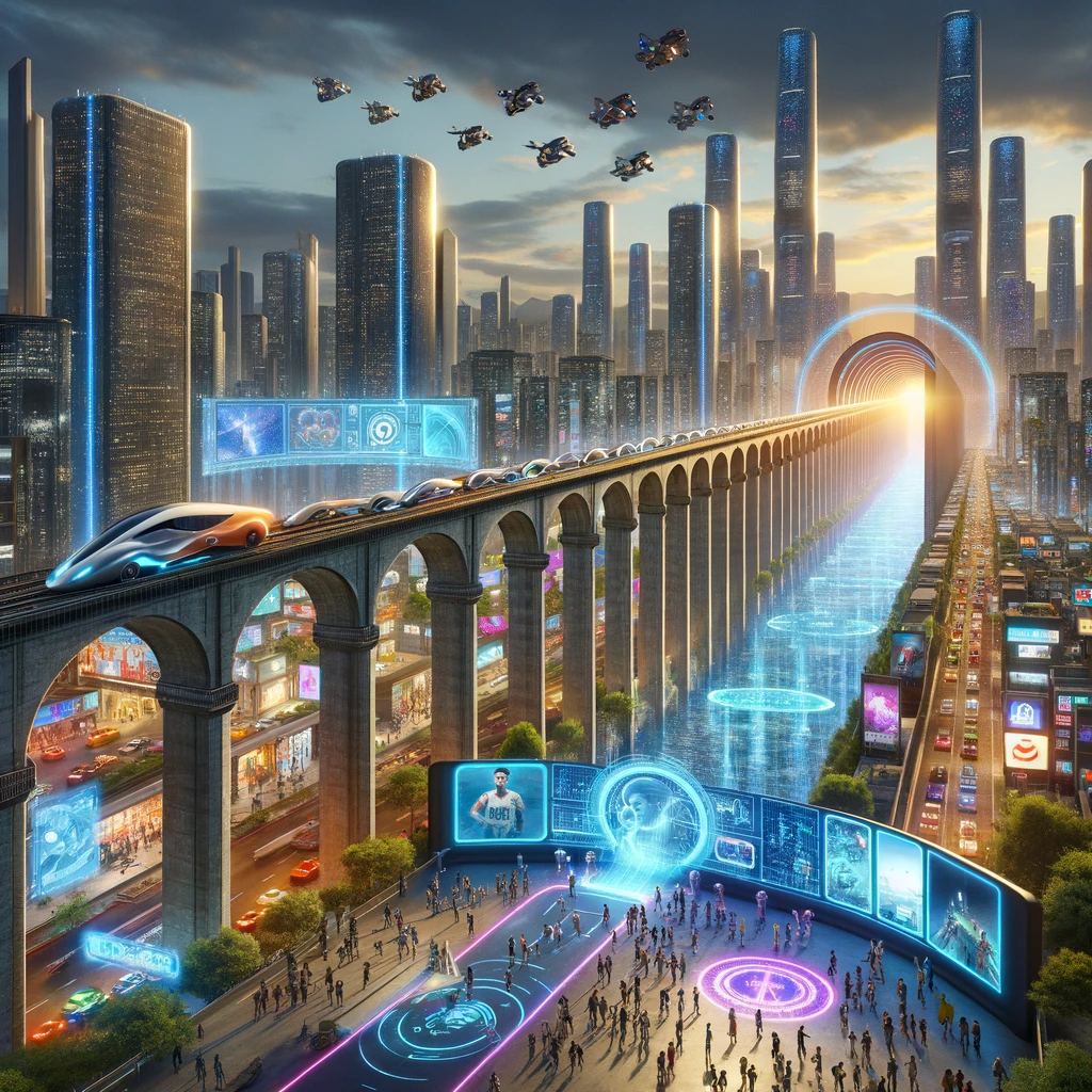 A digital utopia showcasing the advanced integration of entertainment in an aqueduct system within a futuristic cityscape. The scene includes holographic projections, interactive games, and neon-lit skyscrapers, under a sky with flying vehicles and digital billboards