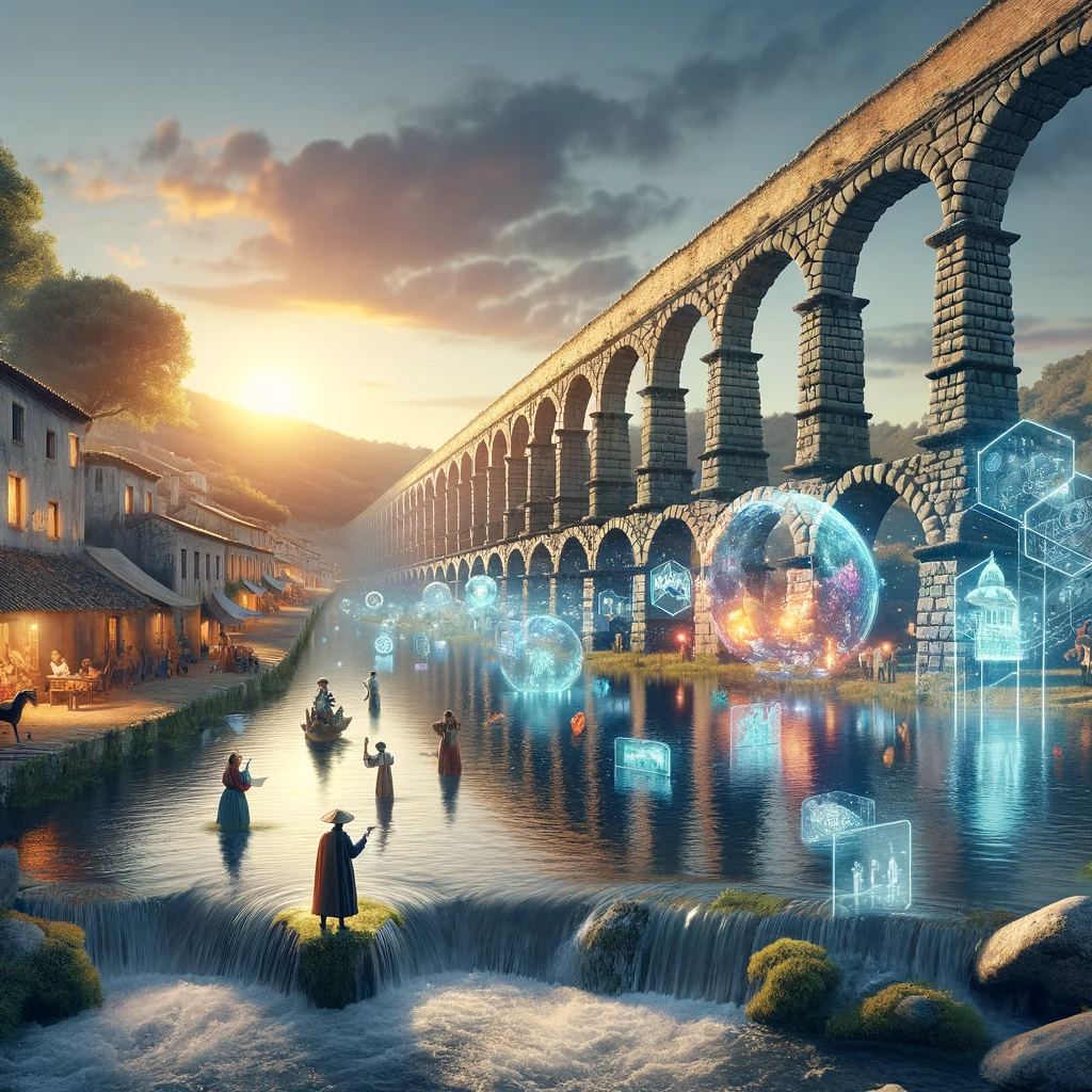 A harmonious blend of old-world charm and futuristic technology in a village setting, featuring a stone aqueduct transformed into a digital storytelling platform with holographic projections.