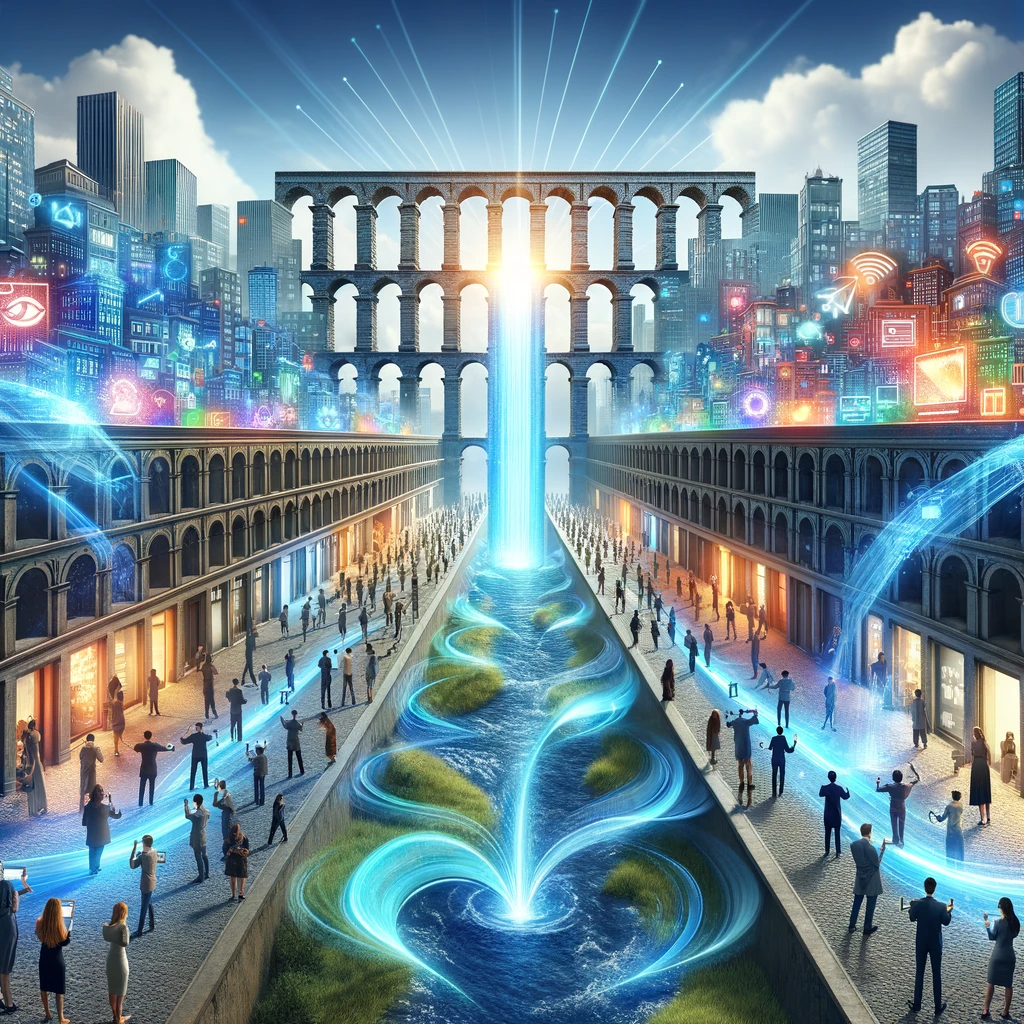 A futuristic cityscape with a transformed aqueduct streaming vibrant digital content, surrounded by people engaging with various personal devices, embodying the convergence of traditional architecture and modern technology.