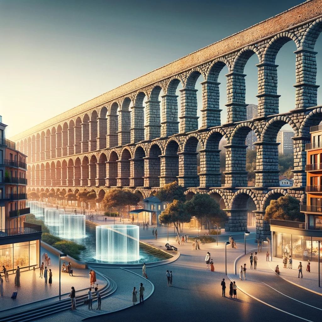 An ancient aqueduct, with arches and stonework, seamlessly integrated into a contemporary urban landscape, symbolizing the melding of historical legacy with modern development, as people engage with its history using digital devices.