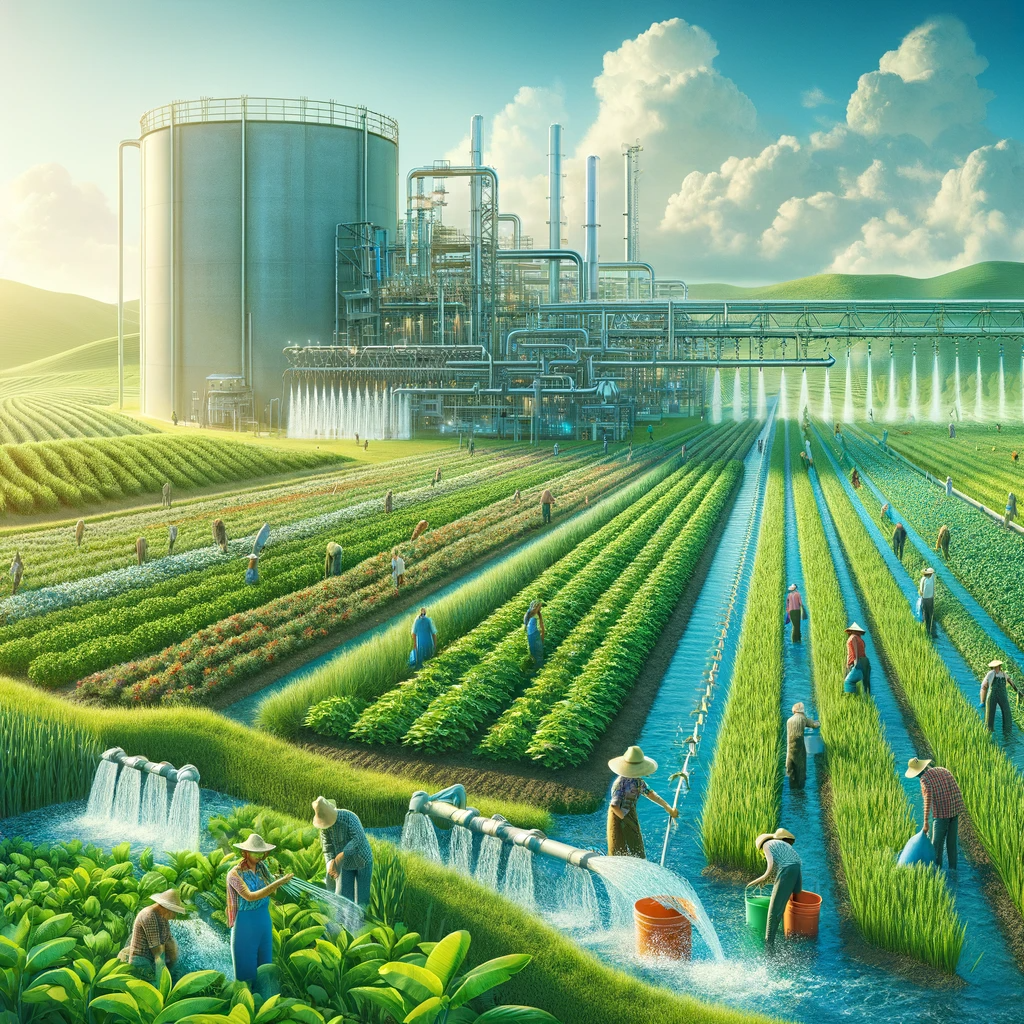 Modern agricultural landscape flourishing with treated wastewater, featuring lush fields and a high-tech water treatment plant.