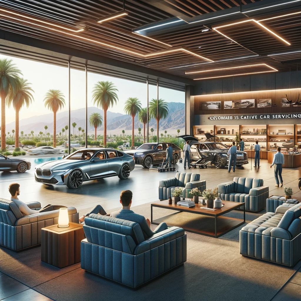 A high-end car service center in Palm Springs with luxury cars and a modern design.