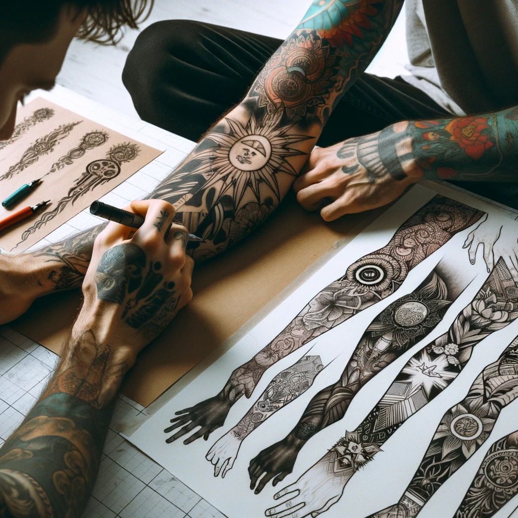  A tattoo artist sketches designs on paper, planning a sleeve tattoo on a client's arm with initial outlines visible.