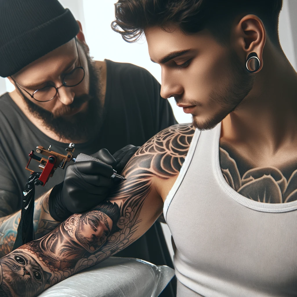 A tattoo artist using a tattoo machine to create an intricate sleeve design on a client's arm.