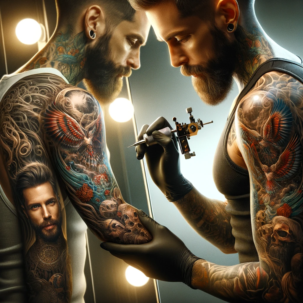 An artist applying final touches to a client's tattoo sleeve, with the client admiring the completed artwork in a mirror.