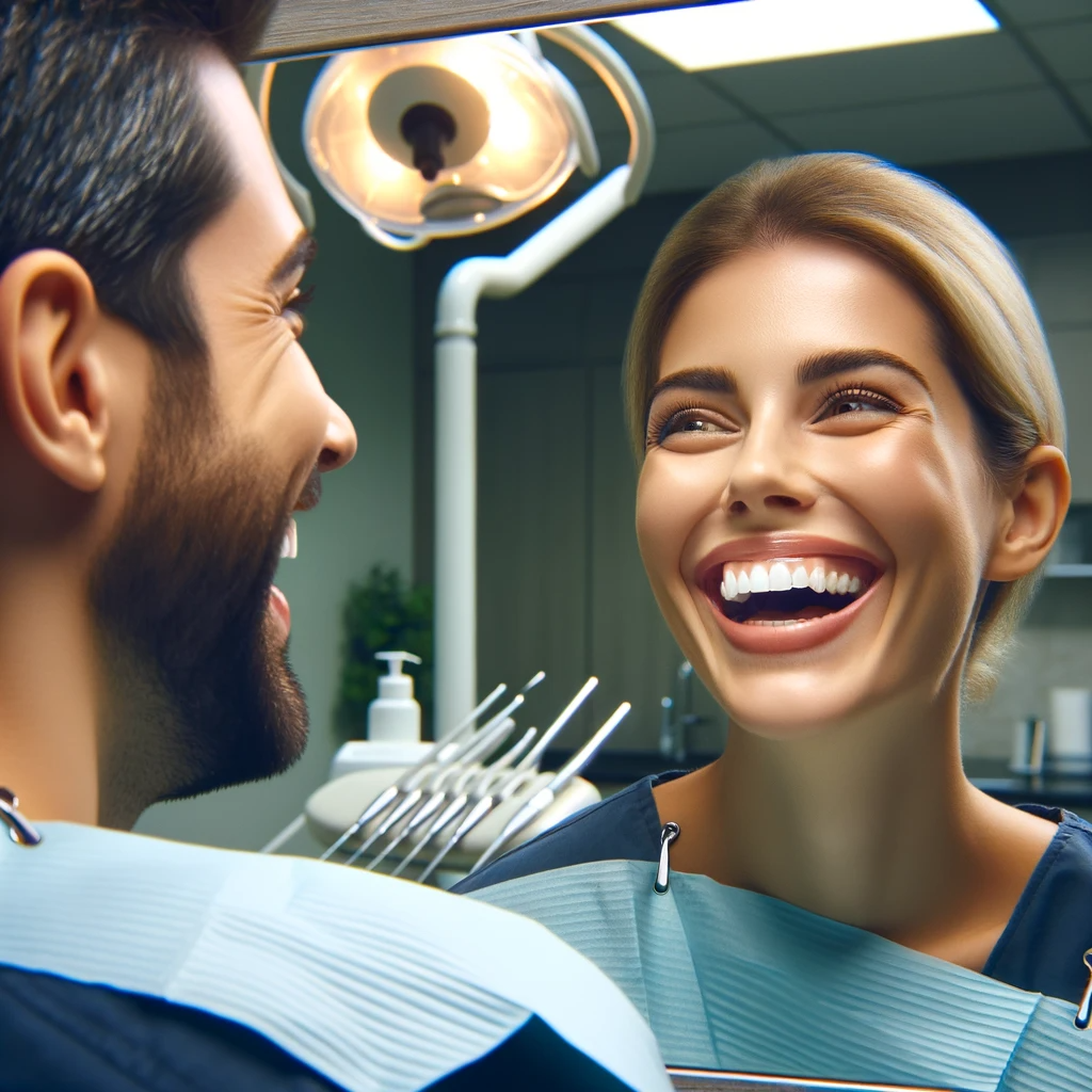 A patient in a San Diego dental clinic overwhelmed with joy at their new smile, reflecting in the mirror.