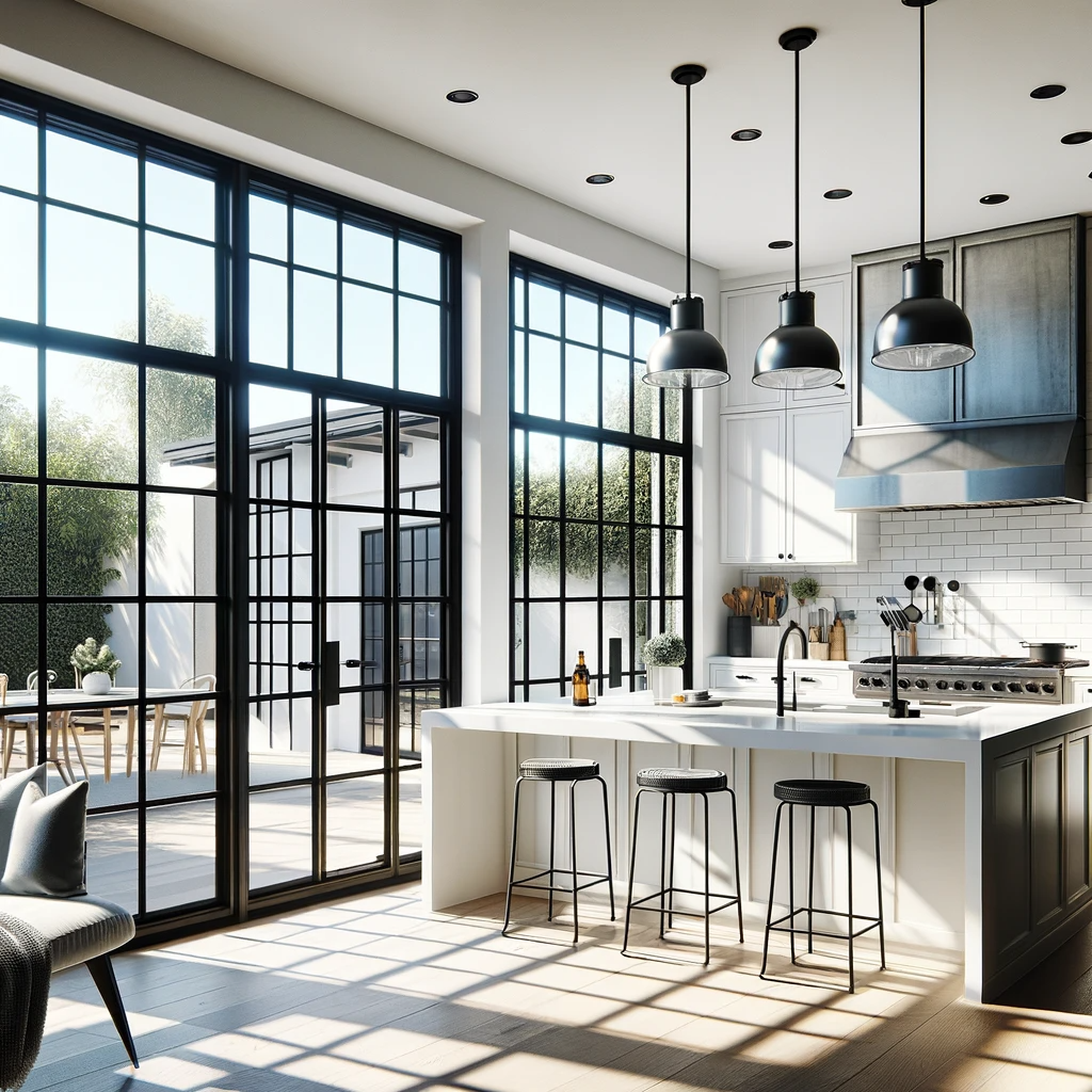 Chic, modern kitchen in a San Diego home with large, black-framed industrial-style windows.