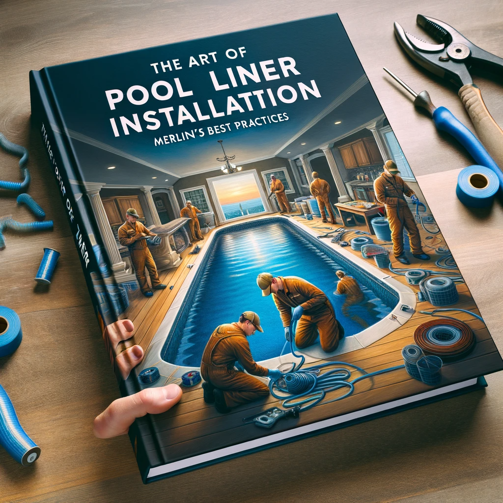 A book cover showing skilled technicians installing a Merlin pool liner, with tools and equipment in the background, representing the artful approach to pool liner installation.
