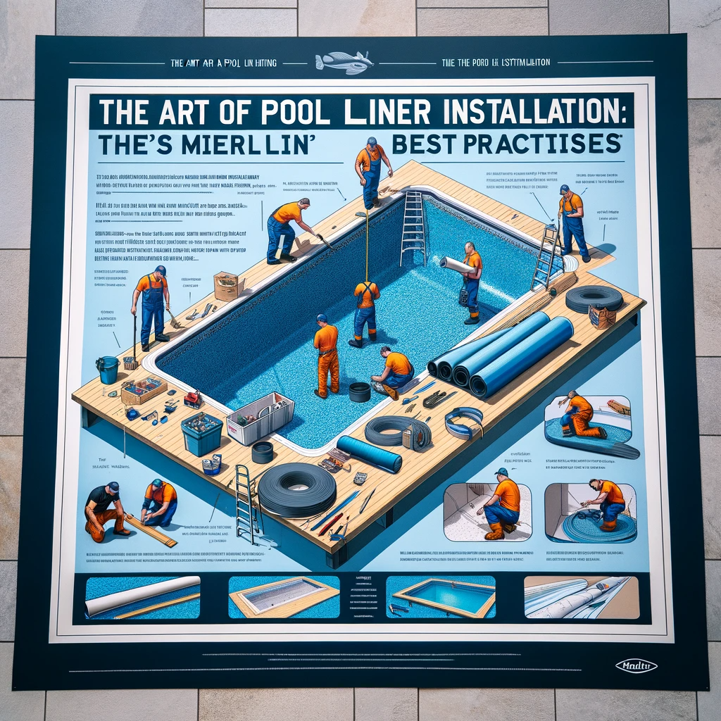 Advertisement poster illustrating a step-by-step guide to installing a Merlin pool liner, with images of technicians at various stages of the process.