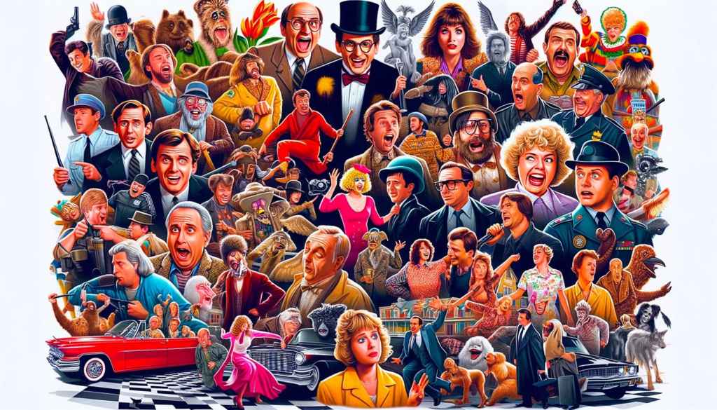 A lively collage featuring iconic scenes and characters from the top 10 classic comedy movies, depicted in a humorous and nostalgic style.