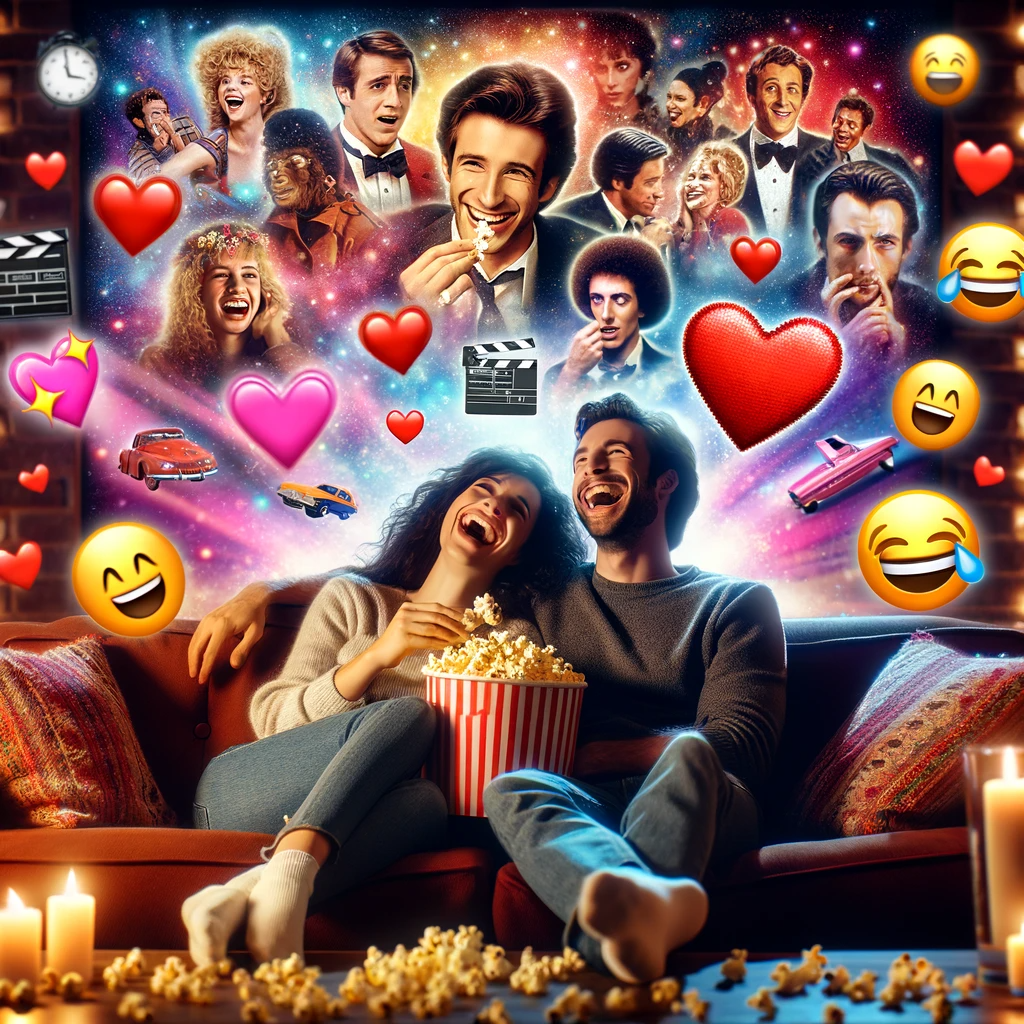 Laughing couple enjoying a romantic comedy at home with iconic movie scenes in the background.