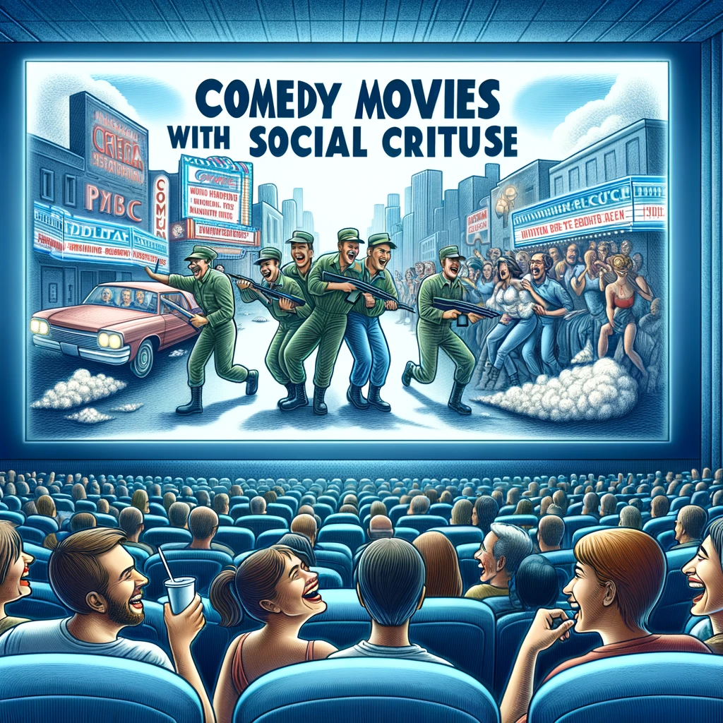 Audience in a modern cinema reacting to a satirical comedy scene on screen.