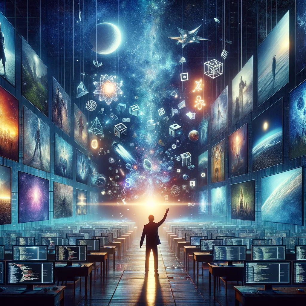 A figure stands in a dimly lit room, surrounded by screens showing varied stories and floating digital symbols, embodying the art of digital storytelling.