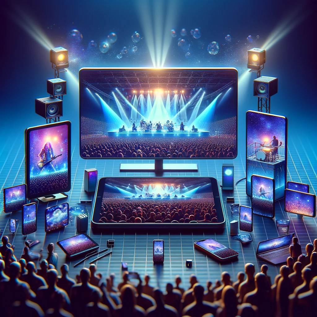 A vibrant display showing a live concert stream with multiple devices around it, offering different angles of the same event to depict an immersive livestreaming experience.