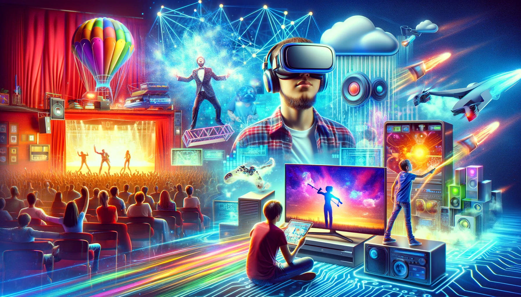 A collage showcasing VR immersion, family movie night, and online gaming, highlighting the digital entertainment boom.