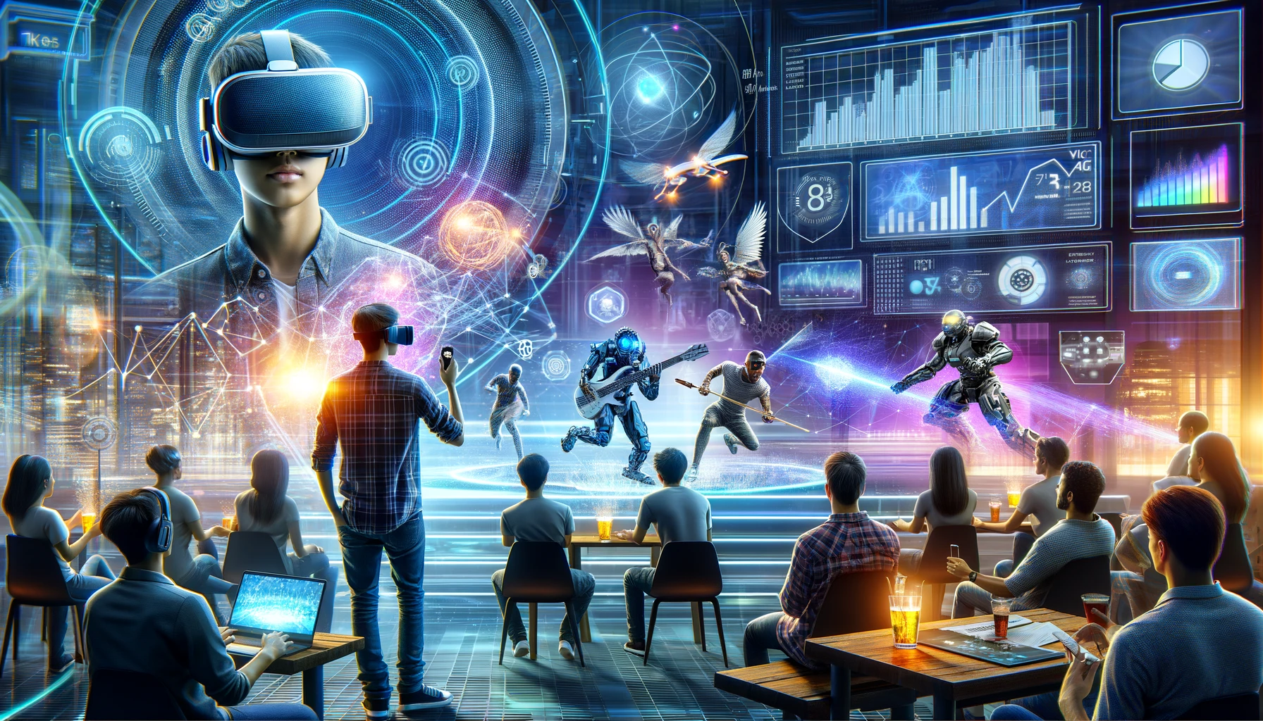 A diverse group using various digital entertainment technologies in a futuristic setting.
