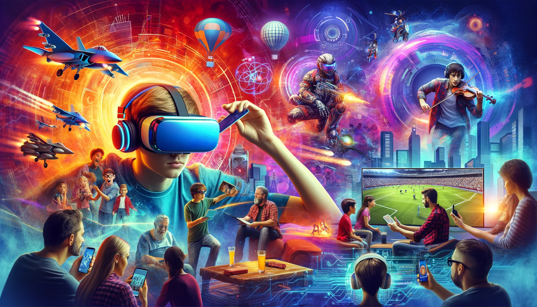 A digital collage showing various forms of modern digital entertainment including VR, gaming, and streaming.