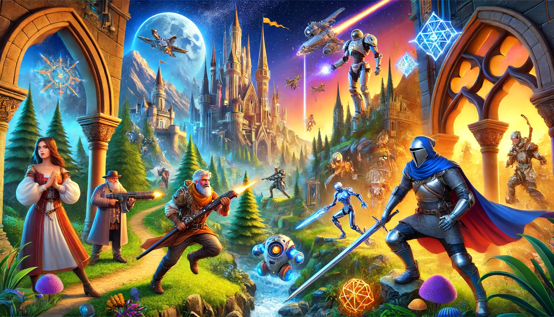 A vibrant scene depicting action-adventure games with characters like a knight with a sword, a space explorer with a laser gun, and a thief with a cloak and dagger in a detailed environment combining medieval, futuristic, and natural elements.