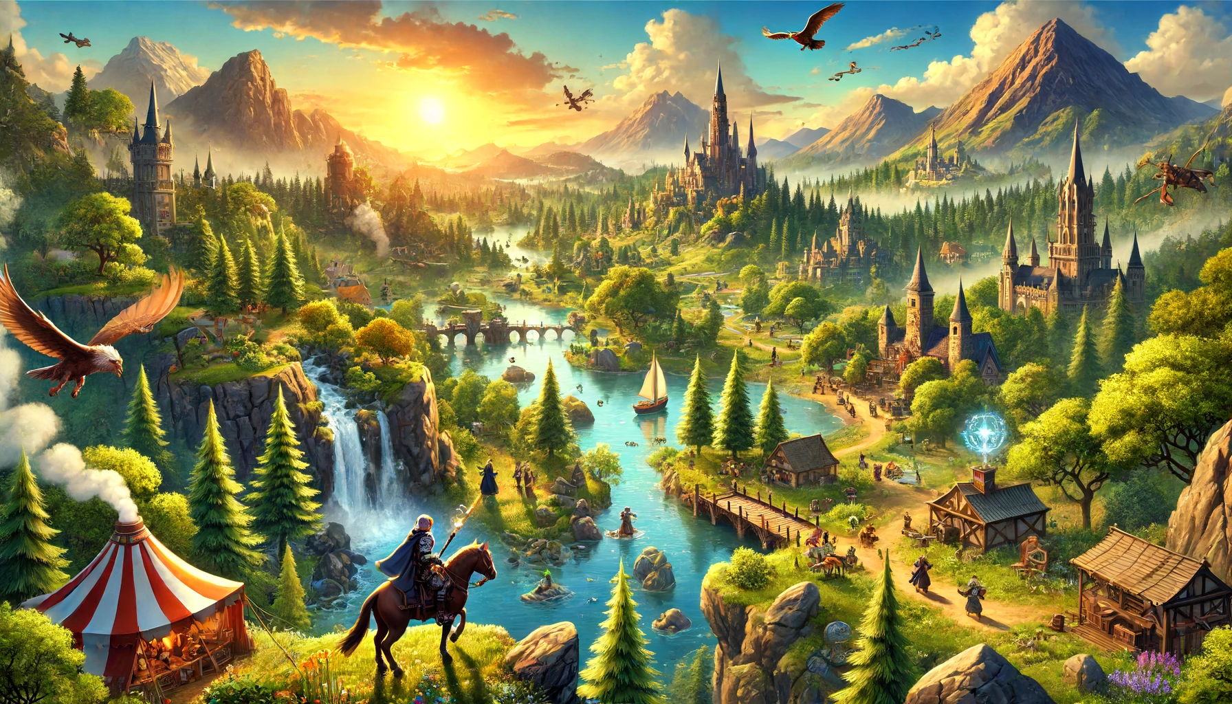 A vibrant and immersive open-world adventure game scene with diverse landscapes including lush forests, towering mountains, serene lakes, and a medieval-style town. Characters such as a knight on horseback, a wizard casting a spell, and an adventurer climbing a cliff are exploring the scene under a setting sun's golden glow, with elements like hidden treasures, mystical creatures, and ancient ruins enhancing the sense of adventure.