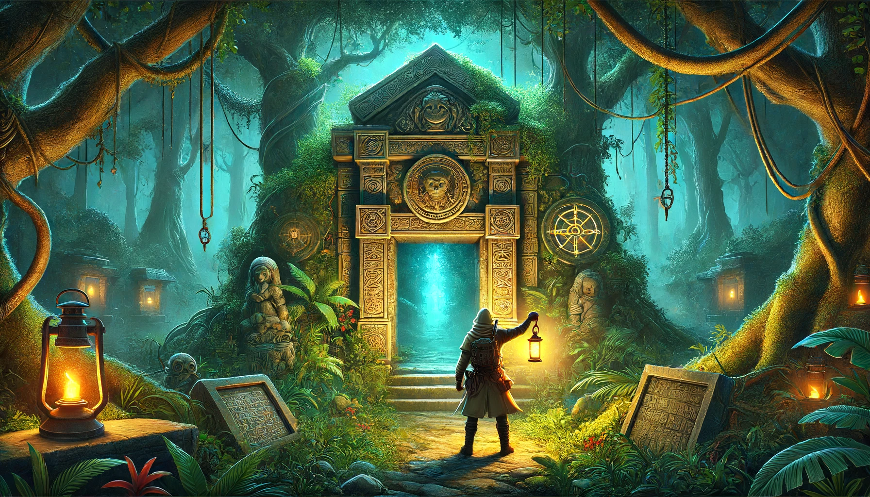 An adventurer stands at the entrance of an ancient, mysterious temple hidden in an enchanted forest. The temple is adorned with intricate carvings and glowing mystical symbols. The adventurer holds a map and a lantern, illuminating the path ahead, surrounded by towering trees and vines.